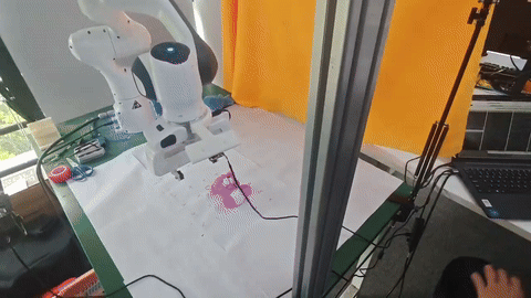 Franka arm grasping objects from spoken commands (VLA demo)