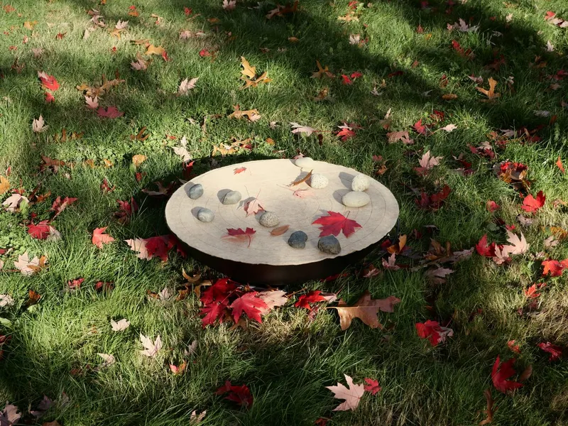 SoundMat on the grass among red maple leaves, stones on the felt